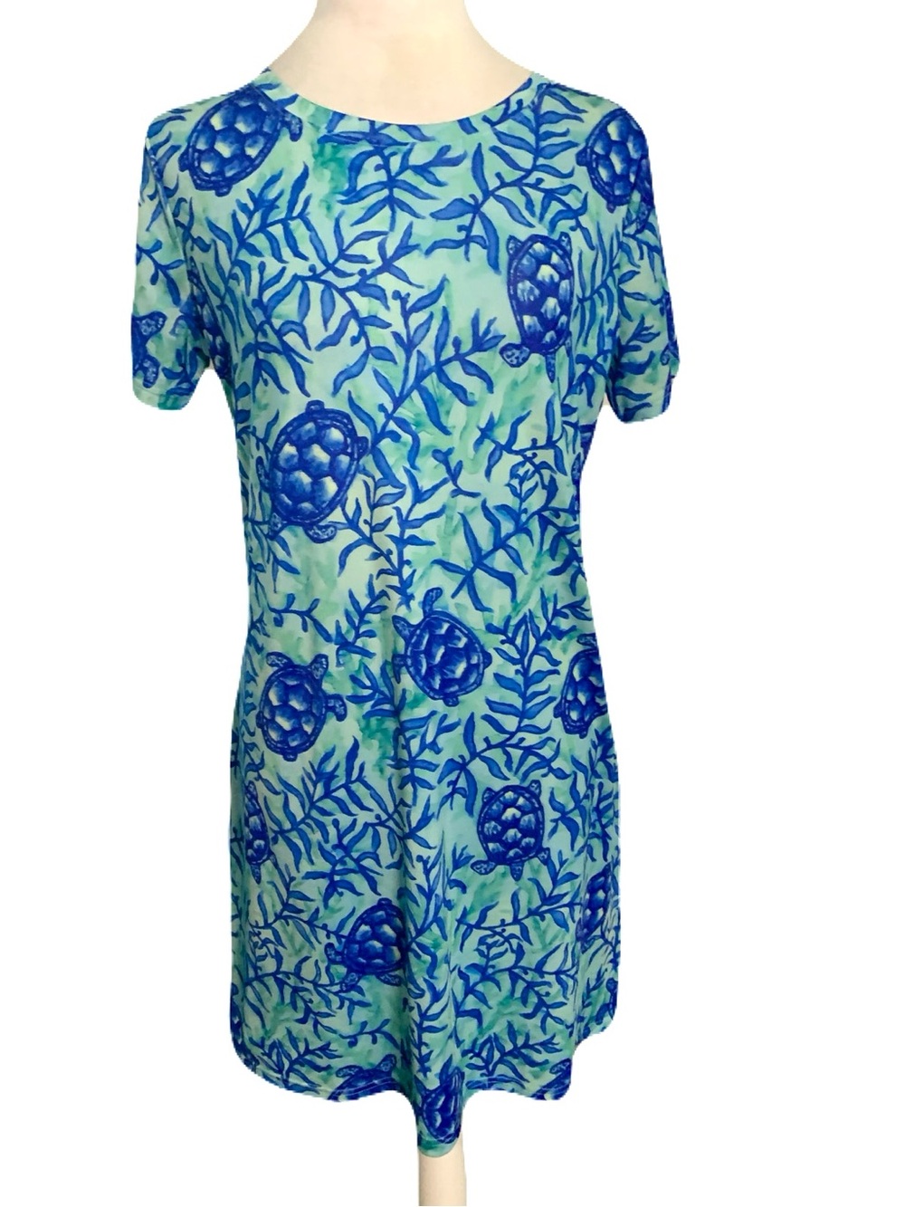 Knot Responsible Small Blue/Turquoise Stretchy Turtle Print Dress Coastal Beach
